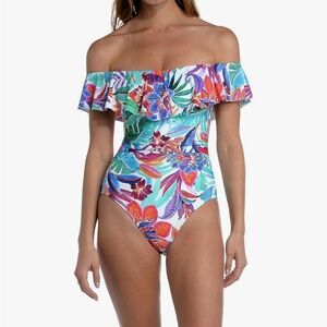 La Blanca Tropics of Tropez Off Shoulder Ruffle One Piece Swimsuit Size 6